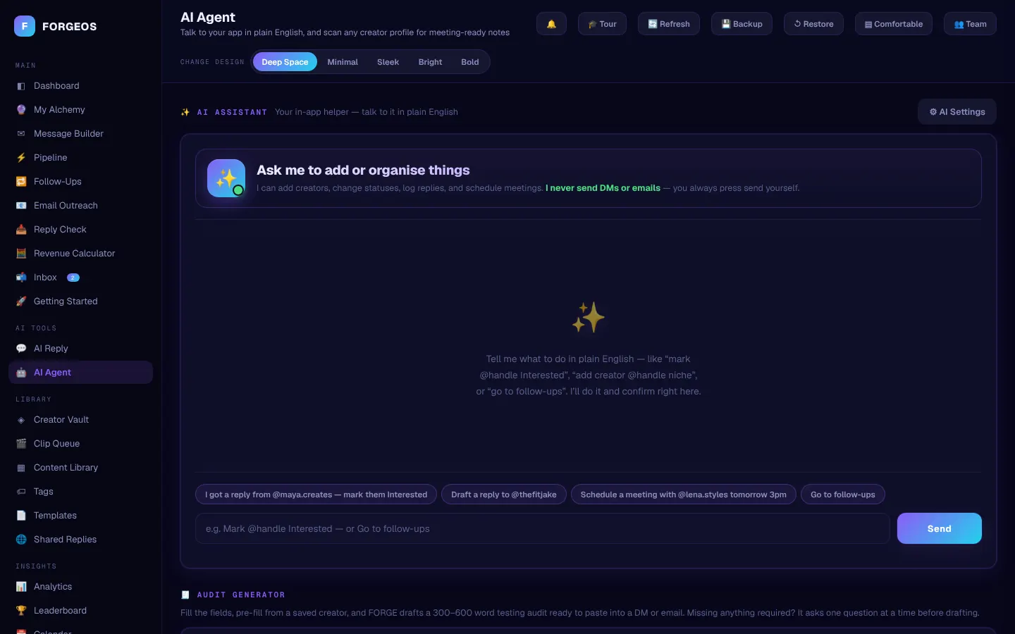 FORGE AI inside the app: ask it in plain English to add creators, change statuses, log replies and schedule meetings