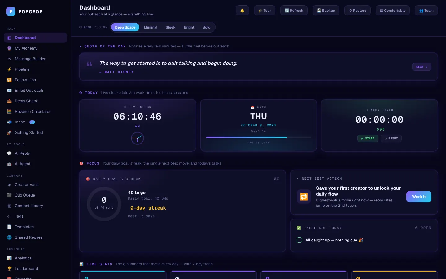 The ForgeOS dashboard with today's goal, focus timer and next best action