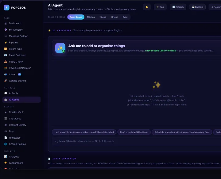 FORGE AI: ask it to add or organise things, with suggestions like draft a reply to @thefitjake