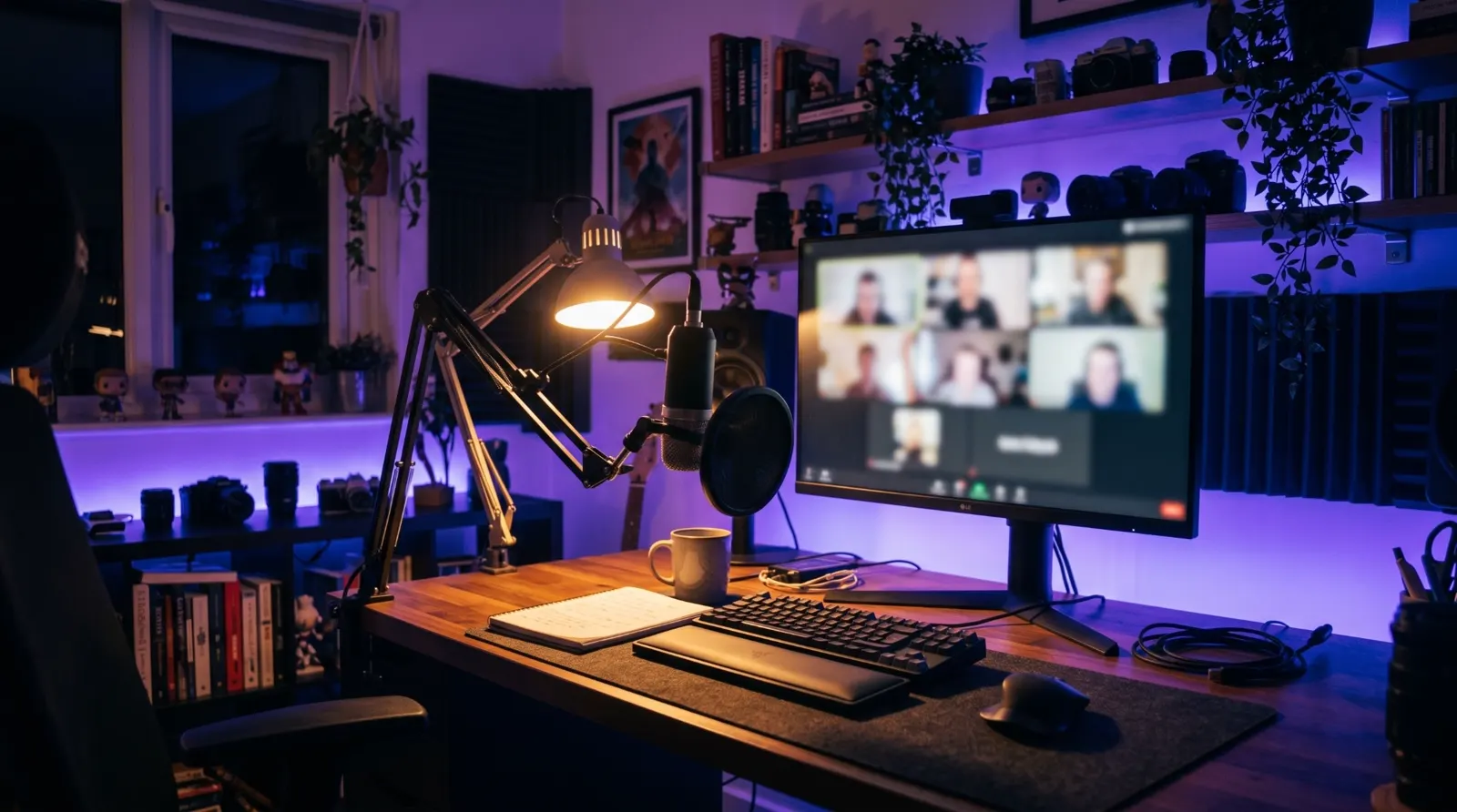 A creator's desk at night: a microphone on an arm, a desk lamp and a video call on the monitor