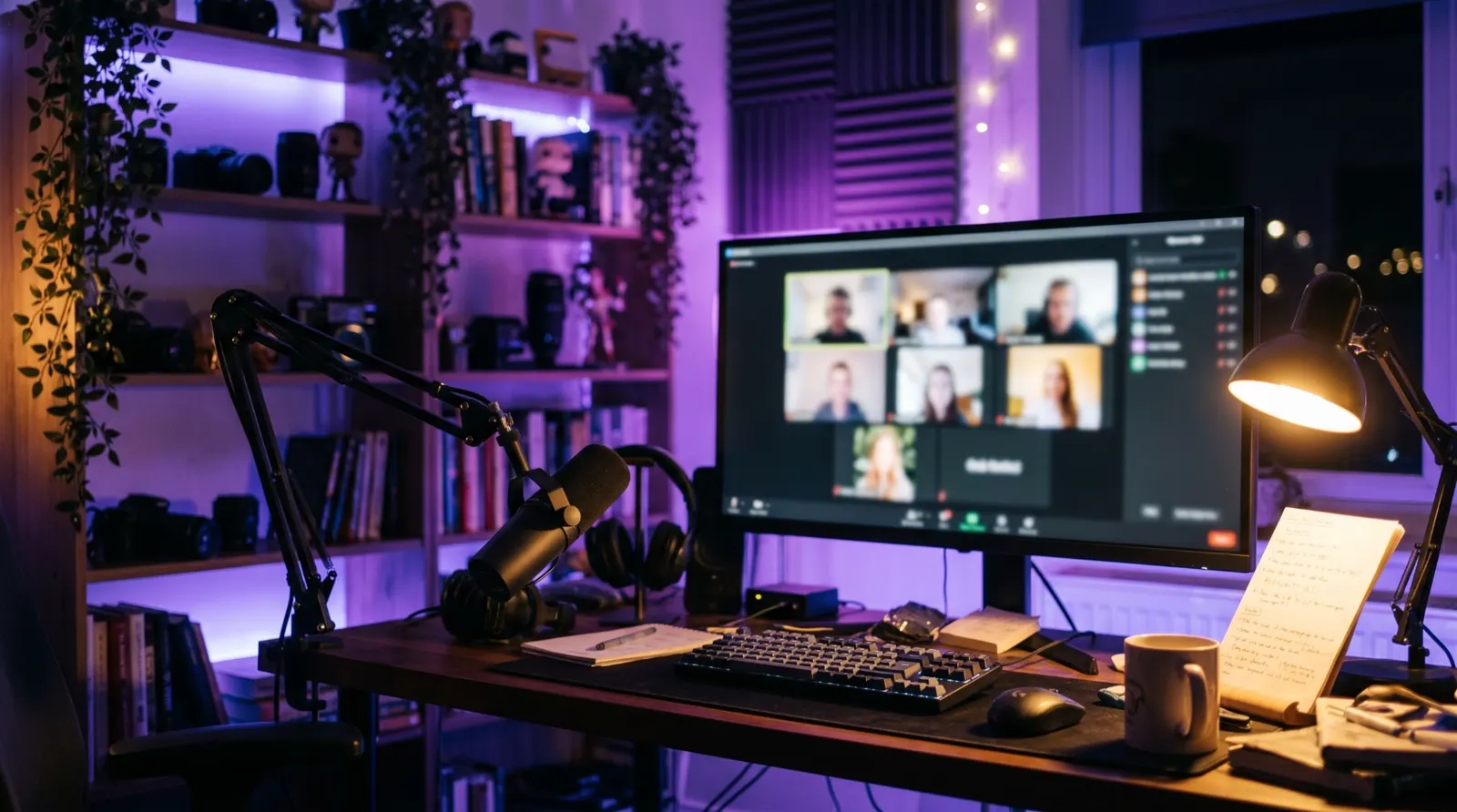 A desk at night with a microphone, a lamp and a video call open on the monitor
